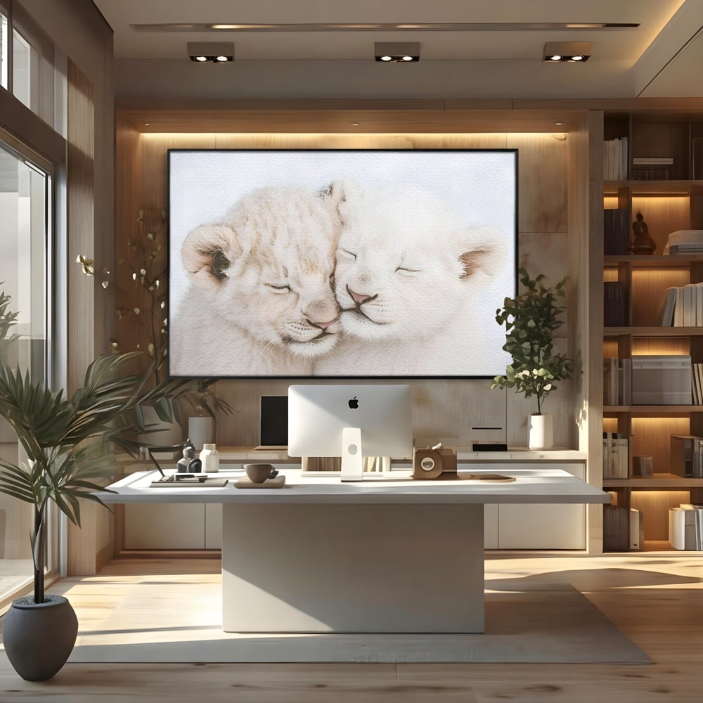 Tablou canvas cu doi pui de leu dormind imbratisati, in rama de aluminiu negru, pe perete intr-un birou